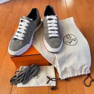 HERMES Velvet Goatskin/Calfskin Women Trail Sneakers-Sz 37 Gris Tenorite/Blanc